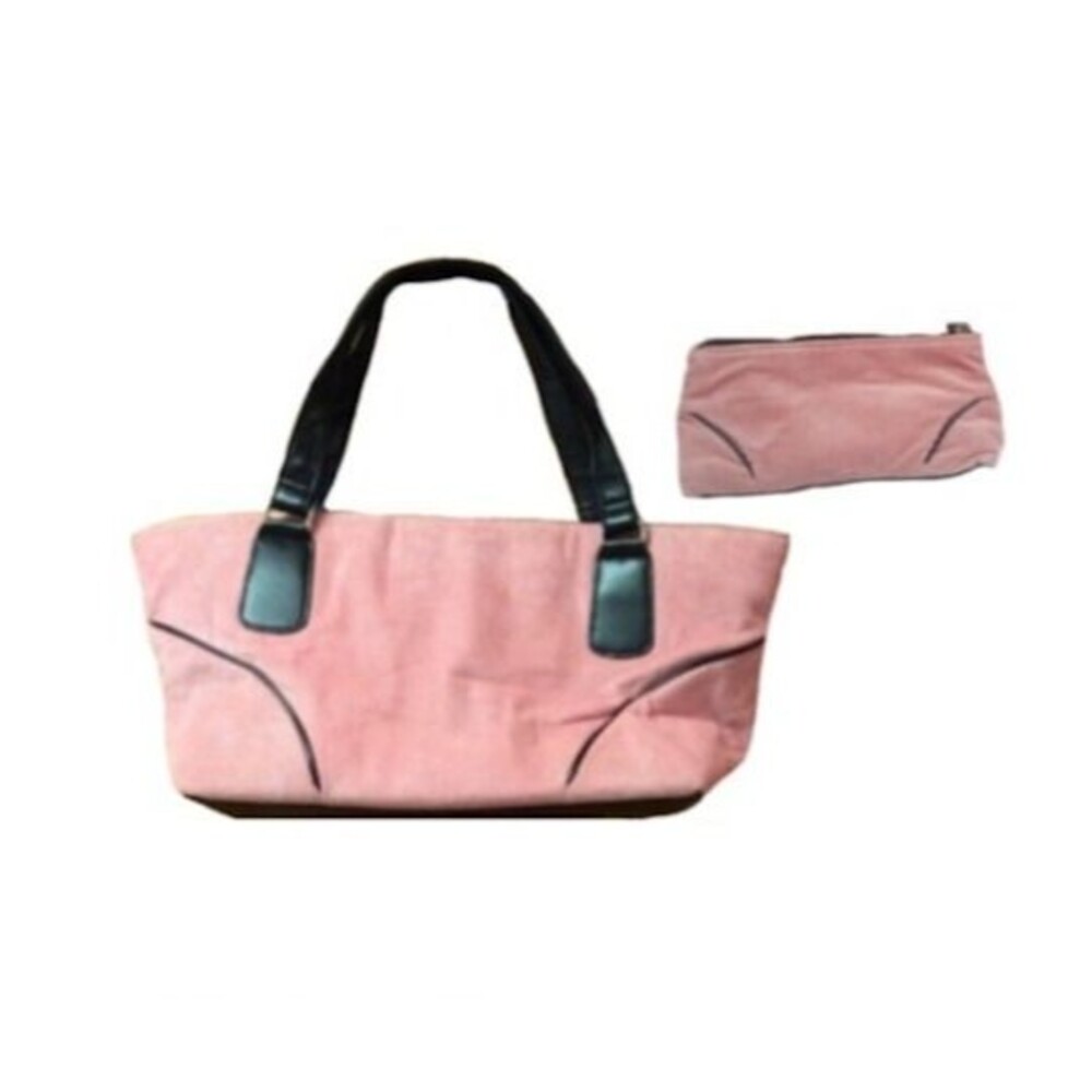 Estée Lauder Pink Corduroy Brown Vegan Leather Trim Bag plus bonus mini bag